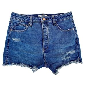 Free People We The Free CRVY Vintage High Rise Blue Distressed Denim Shorts 31